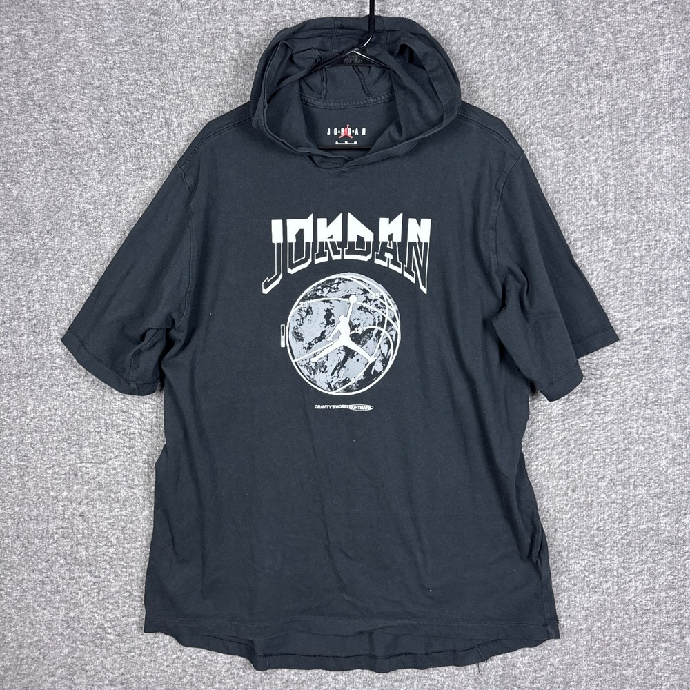 Air Jordan Hooded Shirt Mens XL Black Jumpman Graphic Dri-Fit Short Sleeve